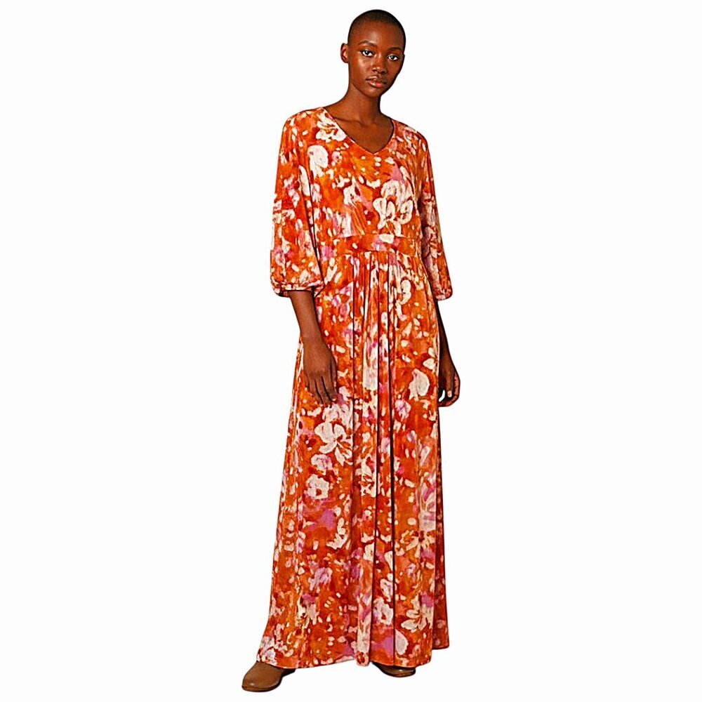 Hot in Hollywood Orange Multi V-neck Split Sleeve Maxi Dress Boho/Glam/Resort XL